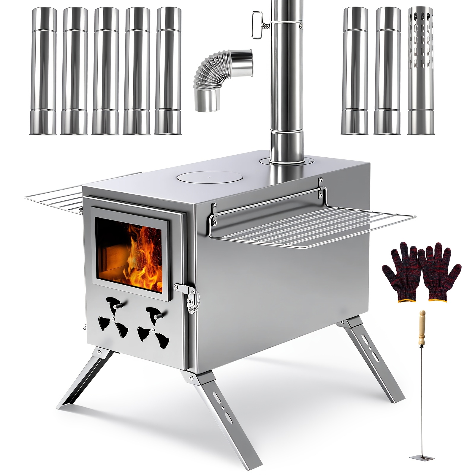 TEMU Mophoto Hot Tent Stove, Camping Wood Stove For Tent, Portable Stainless Steel Wood Burning Stove With 7 Chimney Pipes For Wall Tent Camping,