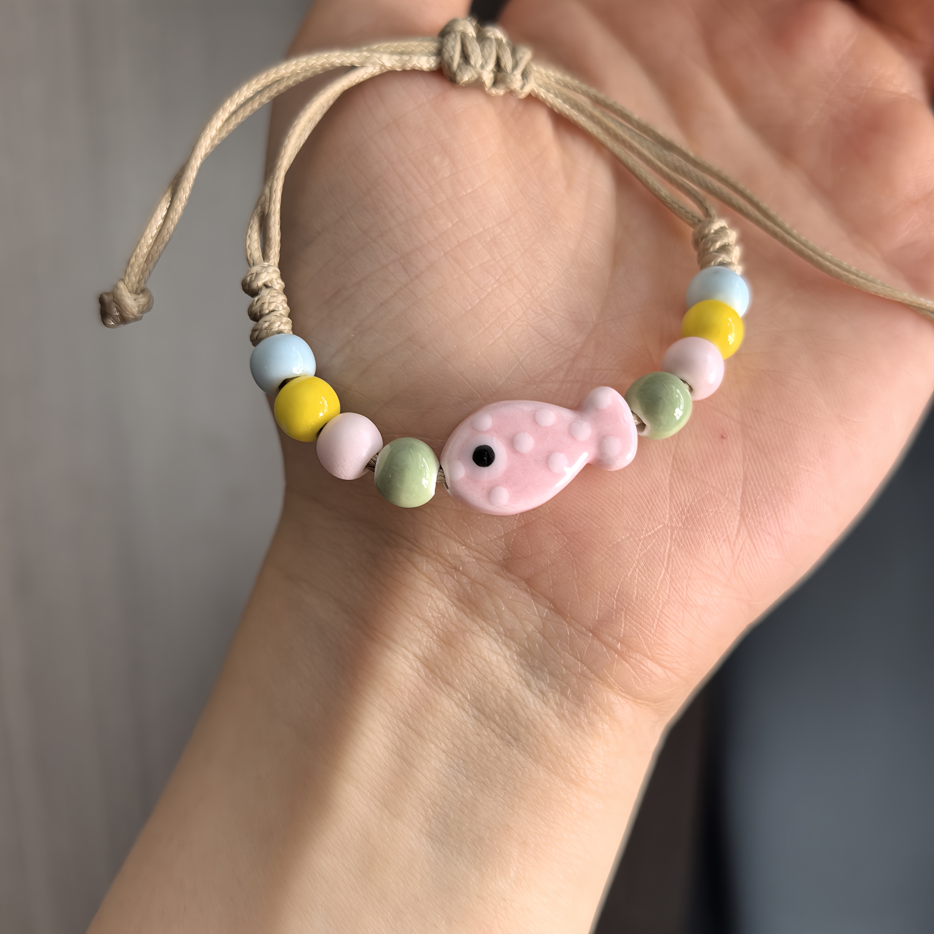 Adjustable Ceramic Fish Charm Bracelet with Colorful Beads
