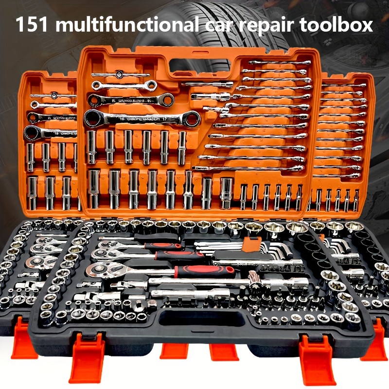 TEMU Professional Auto Repair Tool Kit - 46/53/151pcs Set With Quick Ratchet Wrench, Chrome Vanadium Steel, Orange - Ideal For Home & Industrial Use