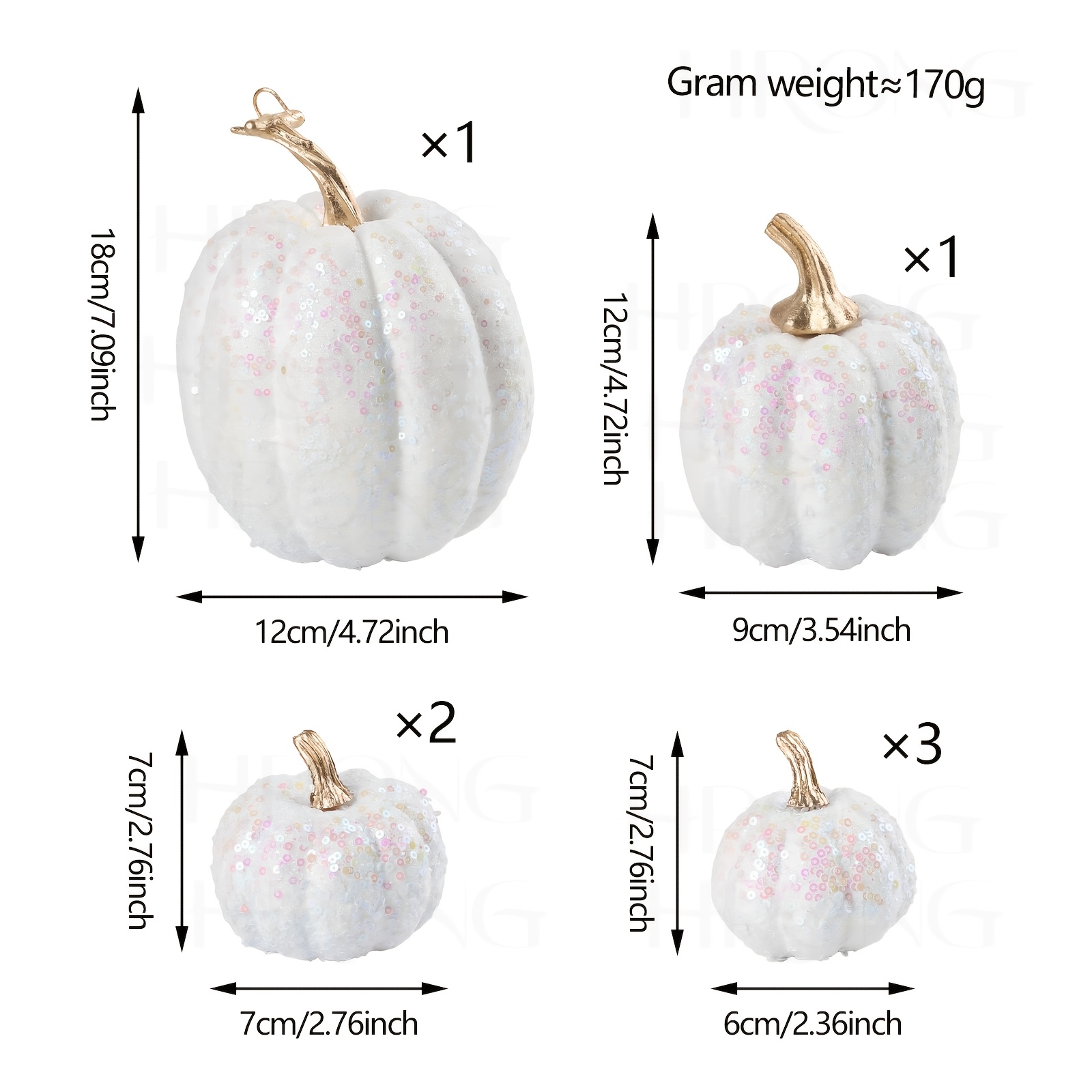 Image of 7pcs Set Of Autumn Decorations, Iridescent Glitter White Pumpkins In Multiple Sizes, Glitter Fabric Pumpkins With Golden Stems, Fall Thanksgiving Halloween Tabletop And Mantel Decorative Ornaments