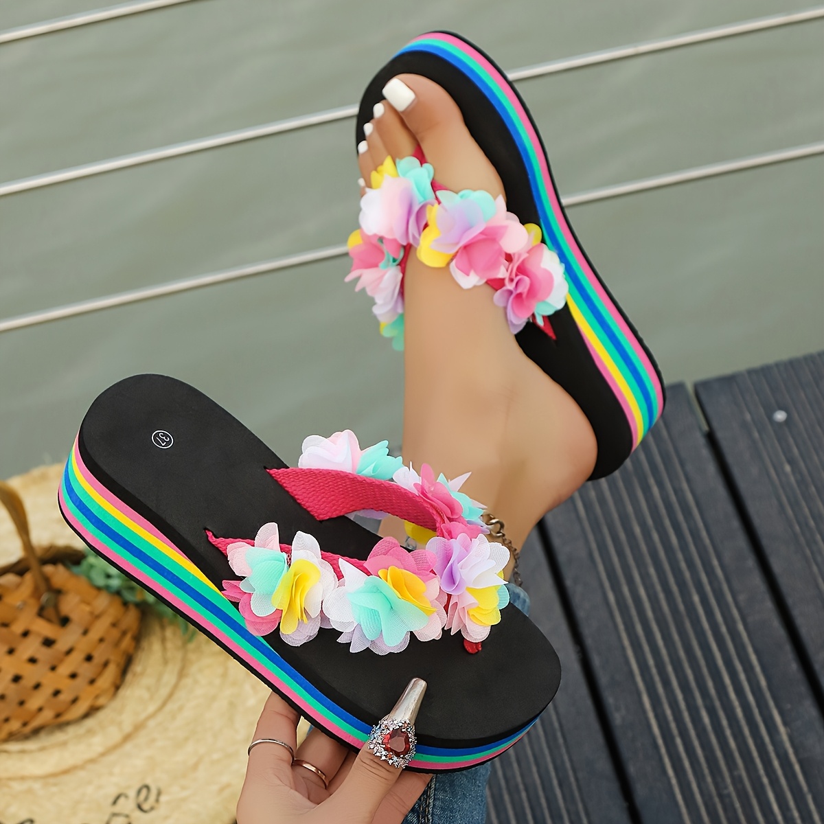 Women'S New Flip-Flops, A Pair of Women'S Cool Slippers, Beach Vacation  Bohemian Fashion Decal Exaggerated Flower Lace Beach Outdoor Women'S Wedge  Thi