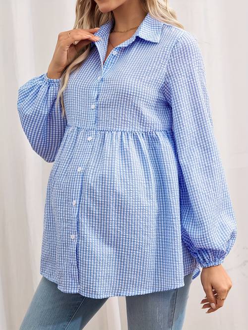 maternity checkered puff sleeve blouse loose fit button up shirt for pregnant women machine washable non stretch fabric spring summer fall casual wear maternity shirts pregnancy clothing relaxed style comfortable material pregnancy top expecting mothers