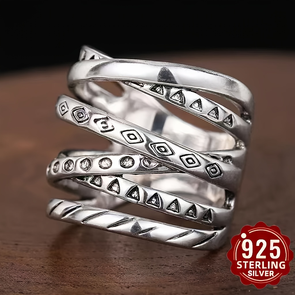 TEMU Bague Rétro Bohème en Argent 925 à Multiples Couches, Texture Robuste et Épaisse