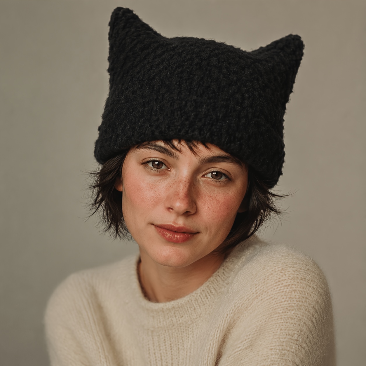 TEMU Cat Ear Warm Women's Hat, Striped Hat, Use, Gift For And , Couple Gift, Christmas Present, Ear Hat