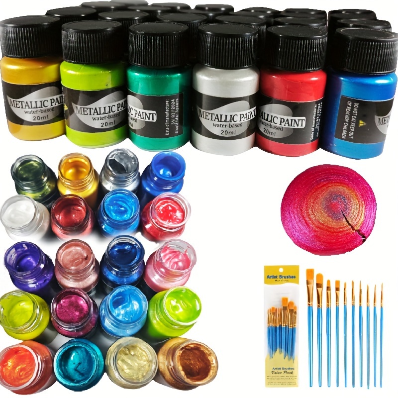 

[] de Acrylique Métallique 24 , Bouteilles de 20ml - Vibrantes et Résistantes Décoloration & Débutants, le , , , la Céramique & l'Artisanat sur Tissu, Inclut 10 Pinceaux Gratuits