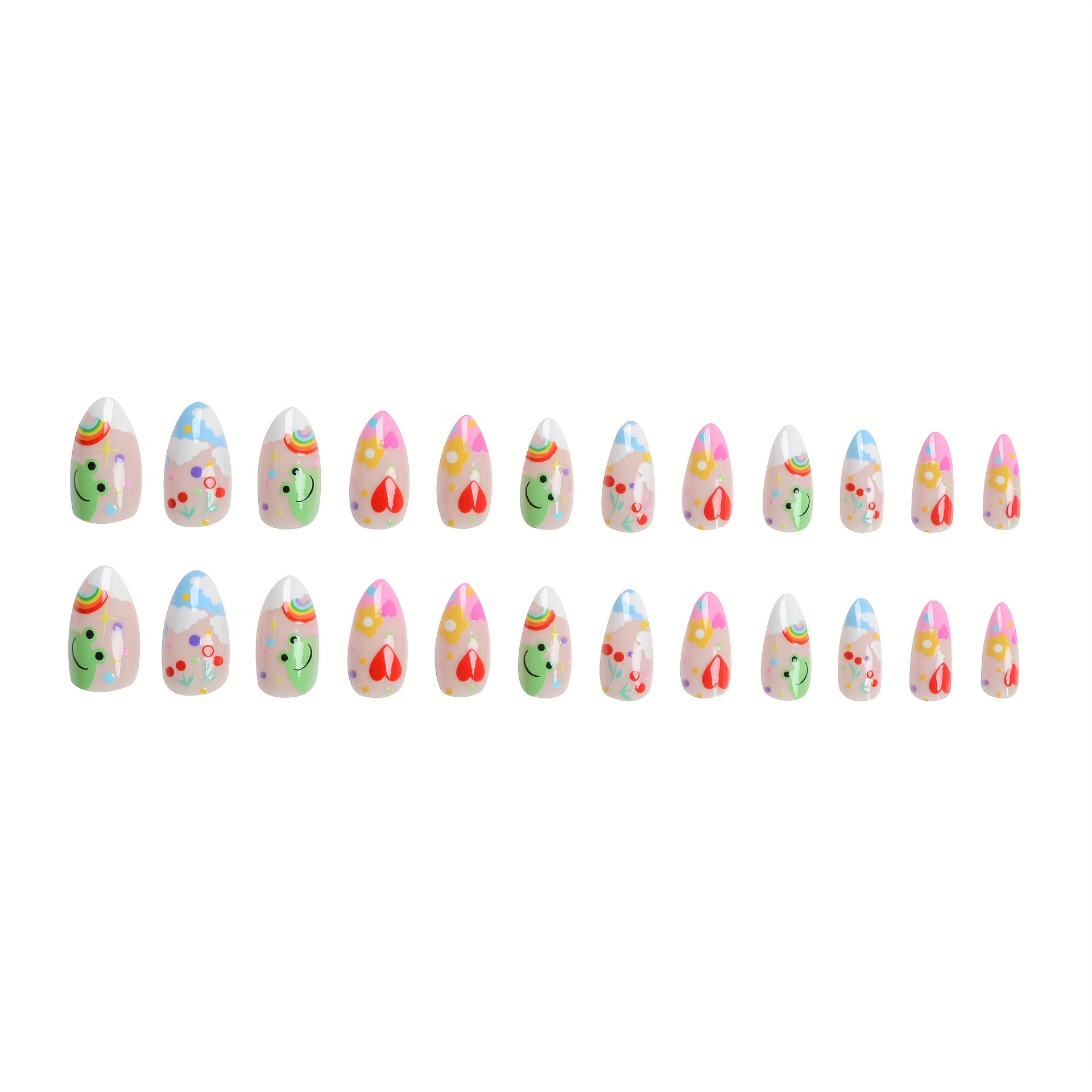 medium almond press on nails with rainbow design cute cartoon fake nails full cover false nails for women and girls details 2