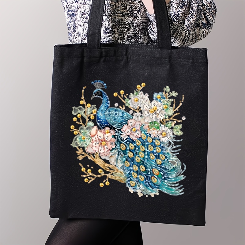 TEMU 1 Set Diamond Painting Tote Bag Set (peacock Pattern On Beige Canvas Bag) 31.5cm X 36.58cm Reusable Canvas Shopping Bag With Irregular Diamonds,