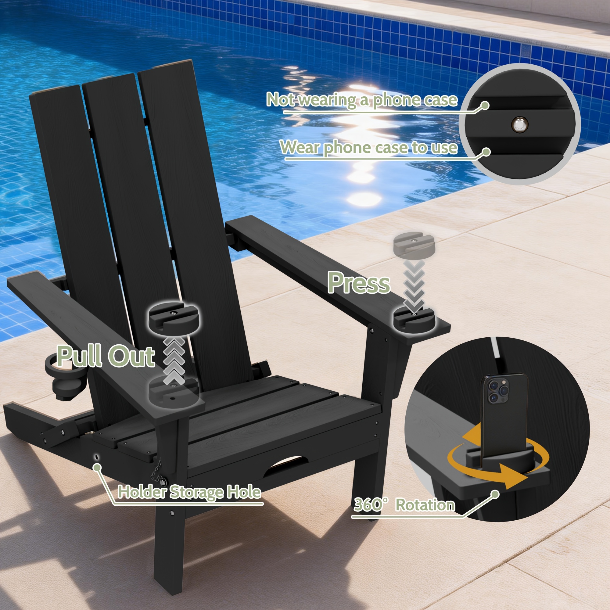 [Durable Outdoor Patio] Leasable 4pcs Folding Adirondack Chair Durable Oversized Ergonomic Plastic Outdoor Patio Furniture With Built-In Phone Holder And Cup Holder, Weather Resistant Fire Pit Chair For Patio Backyard, Deck