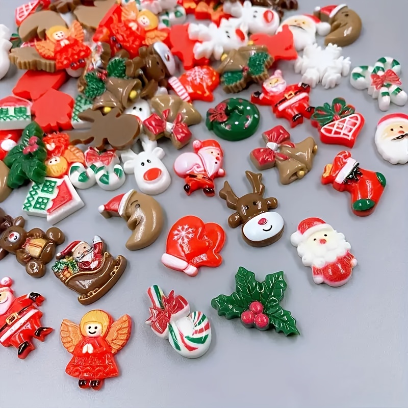 Image of 40/80pcs Mixed Color Resin Christmas Decoration Set, Pendant Set, Including Snowman, Reindeer, Santa Claus, Christmas Tree, Handmade Beads, Suitable For Handicrafts And Holiday Decoration