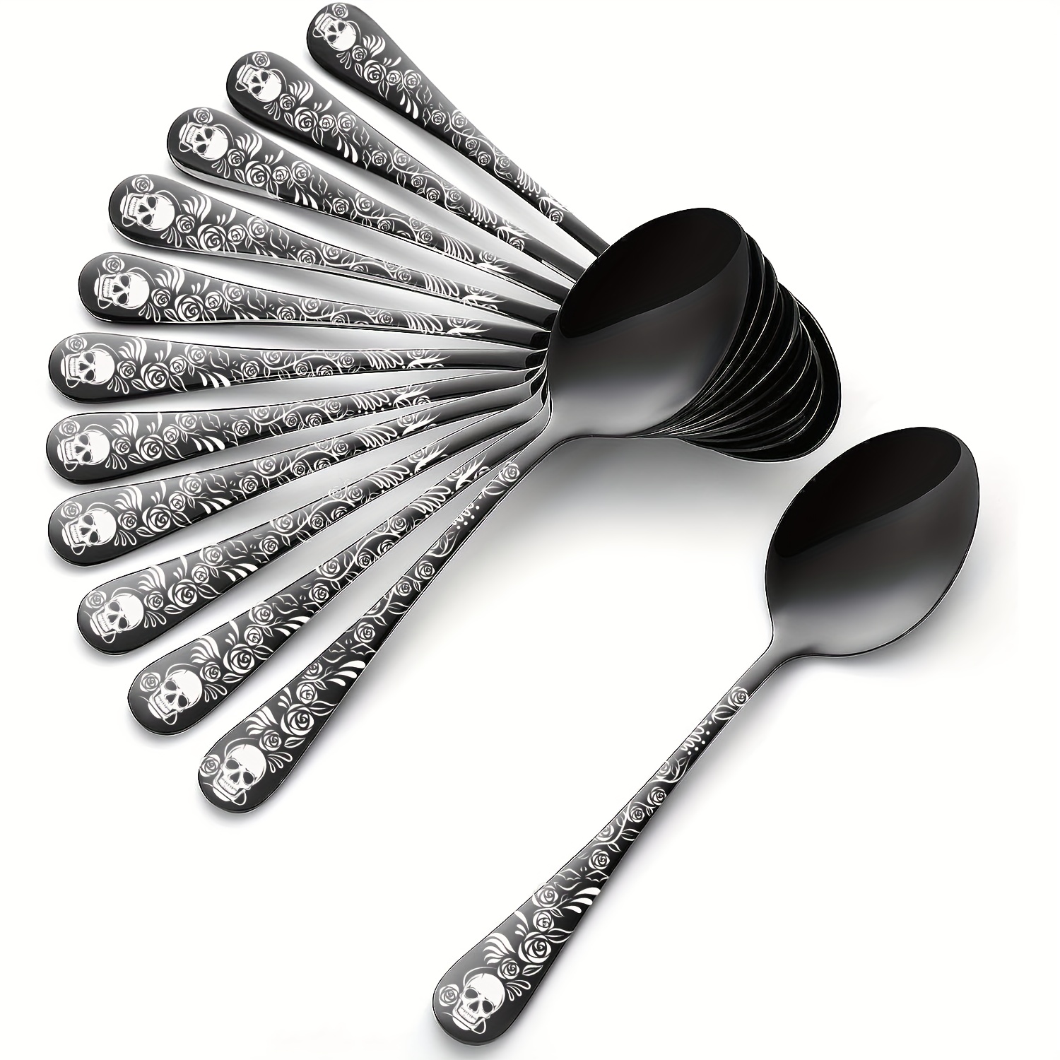 

Gothic & Rose Stainless Steel Spoons - 6/12 Piece, 6.9" Mirror-polished Dessert & Cereal Spoons For Halloween, Day Of The Dead, Cinco De Mayo, Housewarming Gifts