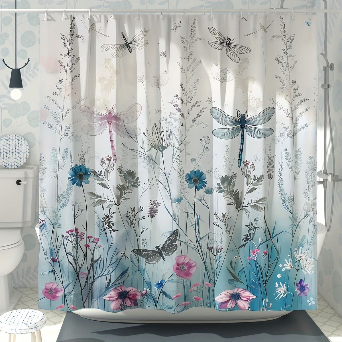 

Water-resistant Animal Print Shower Curtain With Dragonfly And Flower Design, Polyester Woven Fabric, Includes 12 Hooks, Machine Washable, Unlined, Durable For All-season Use