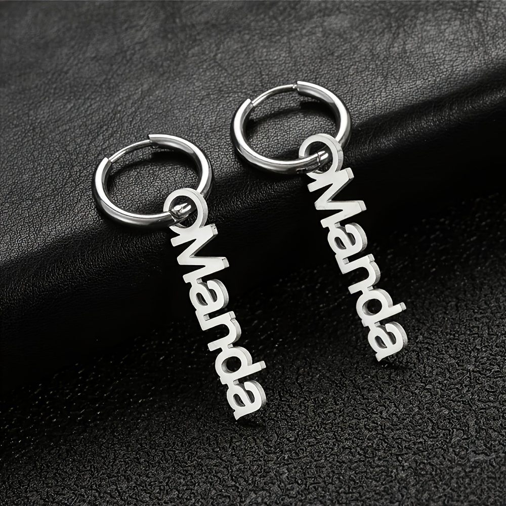 TEMU Customize A Pair Of Personalized Name Hoop Earrings. Create Exquisite Stainless Steel Minimalist Round Hoops With Nameplate Pendants, Perfect As