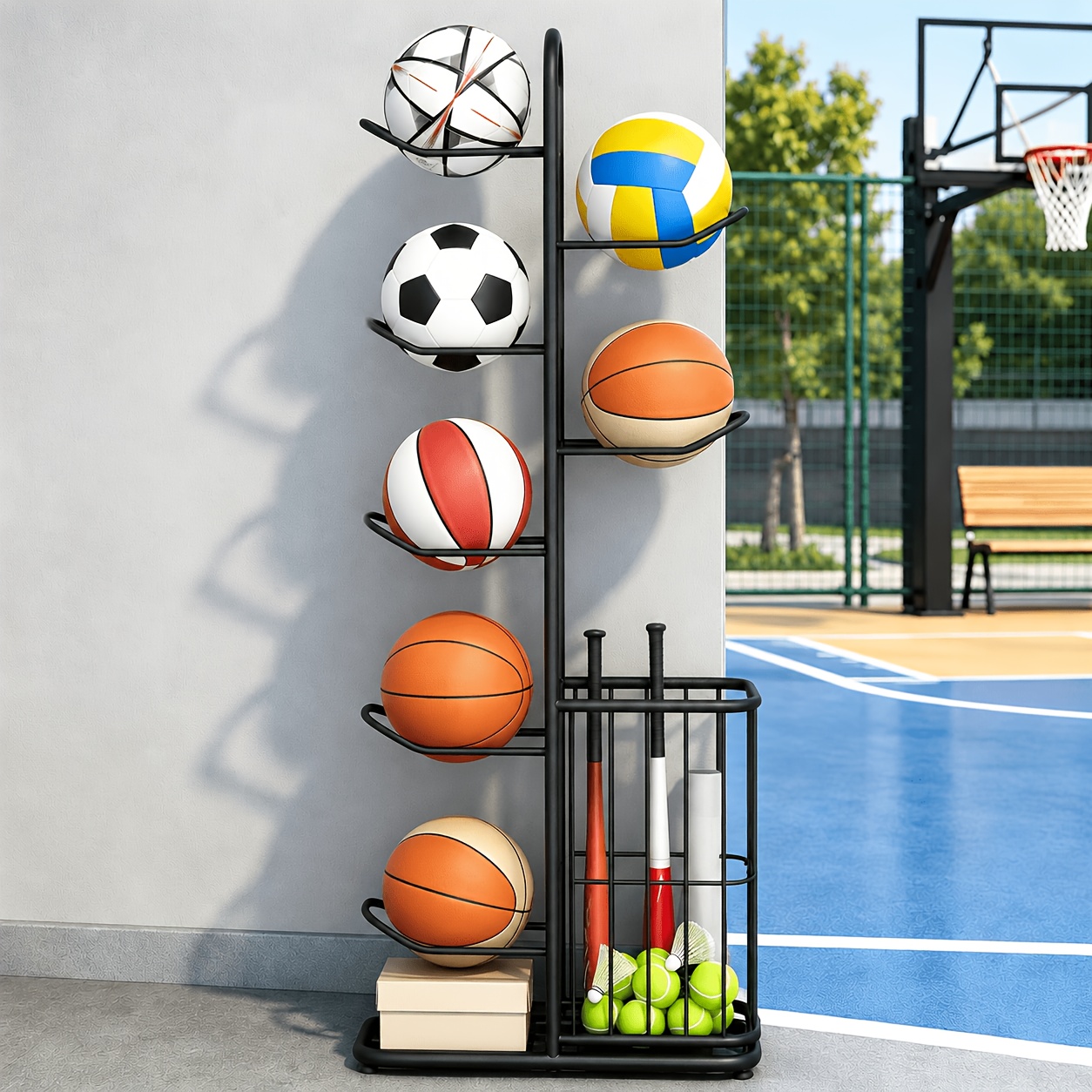 TEMU 7-tier Basketball Storage Rack, Volleyball Display Rack, Outdoor Ball Rack, Ball Organiser, Football Storage Rack, Durable Metal Sports Storage