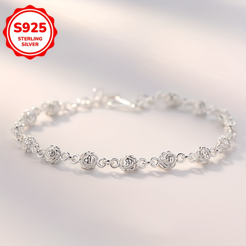 S925 Sterling Silver Rose Bracelet for Women, Adjustable Clasp