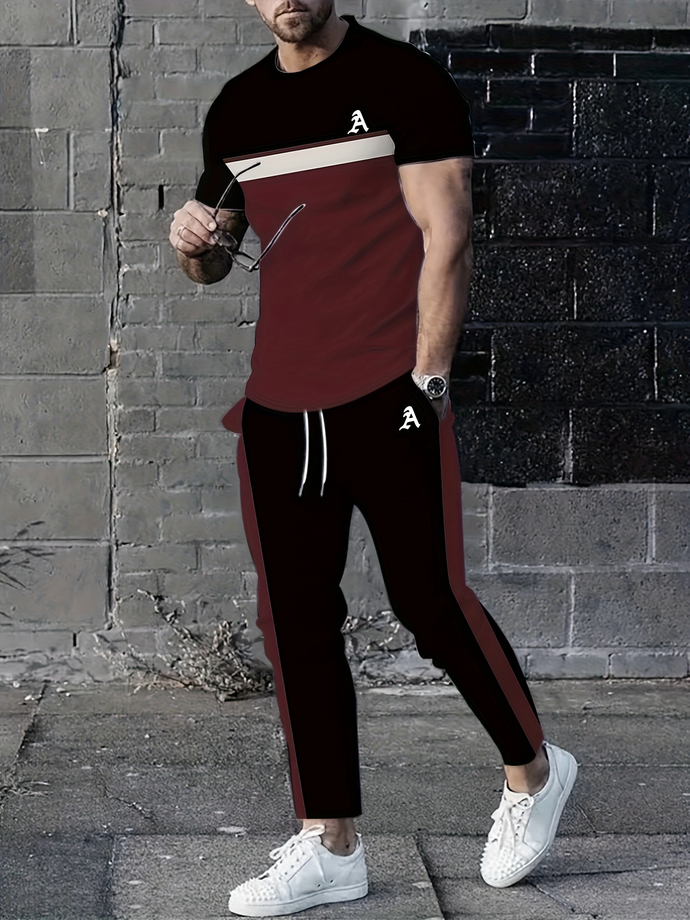letter a color blocking print mens casual fashion two piece set round neck short sleeves and drawstring pants set spring and summer daily wear