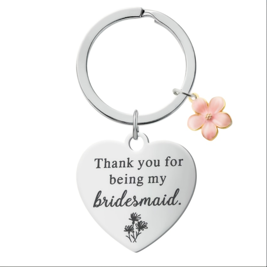 TEMU Bridesmaid Love Stainless Steel Keychain, Engraved With "thank You For Being My Bridesmaid" And Featuring A Pink Floral Pendant. An Or Thank-you