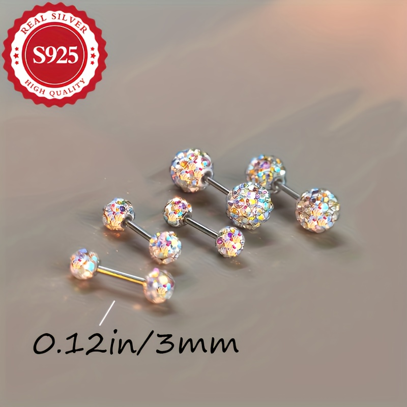 Pair, S925 Silvery, Iridescent Sparkling Spherical Earrings, Hypoallergenic, 3mm (1.4g) 4mm (1.52g) 5mm (1.81g)