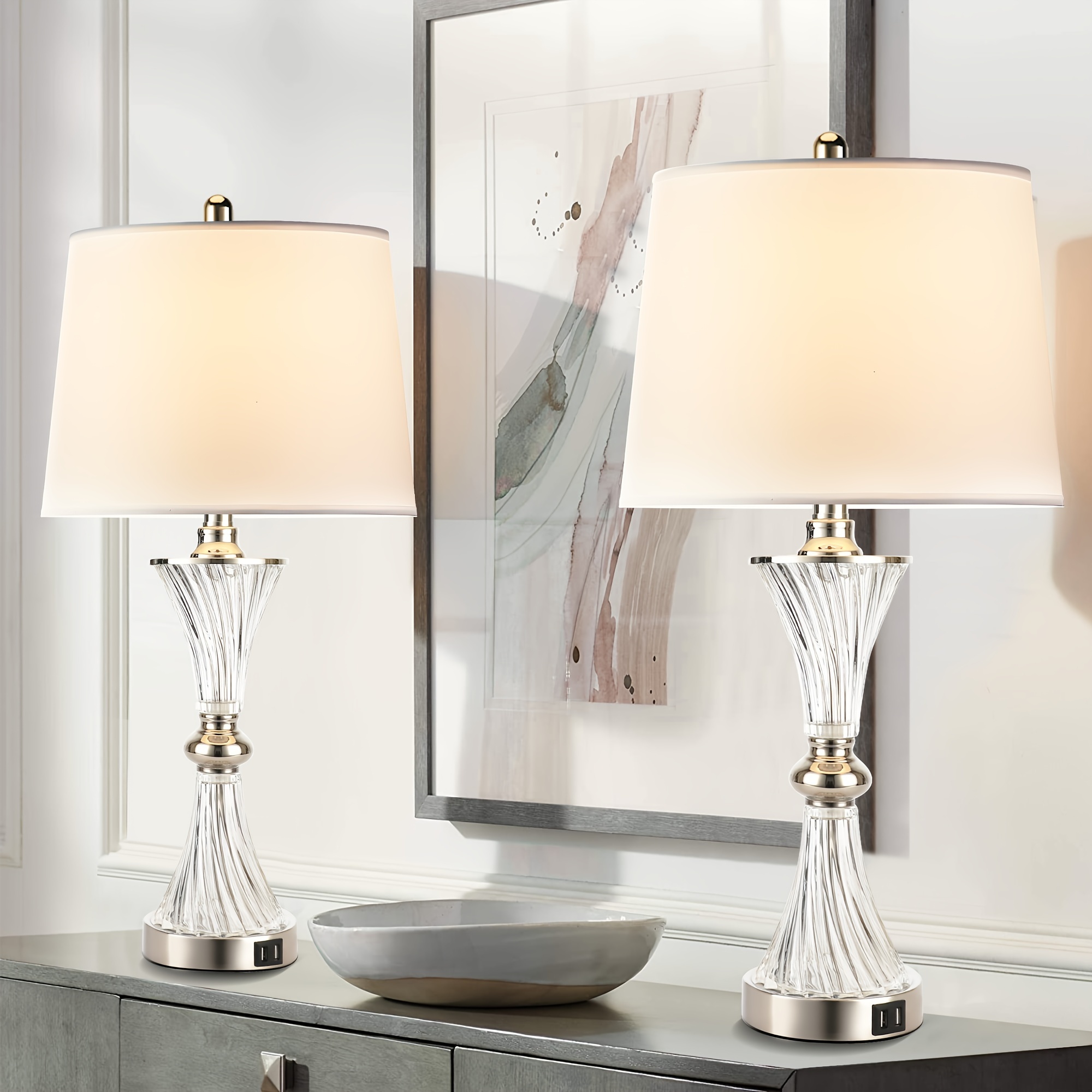 TEMU Table Lamp For Bedrooms 3 Way Dimmable White Drum Shade Modern Bedsides Nightstand Lamp Set Of 2 With 2 Usb Charging Port