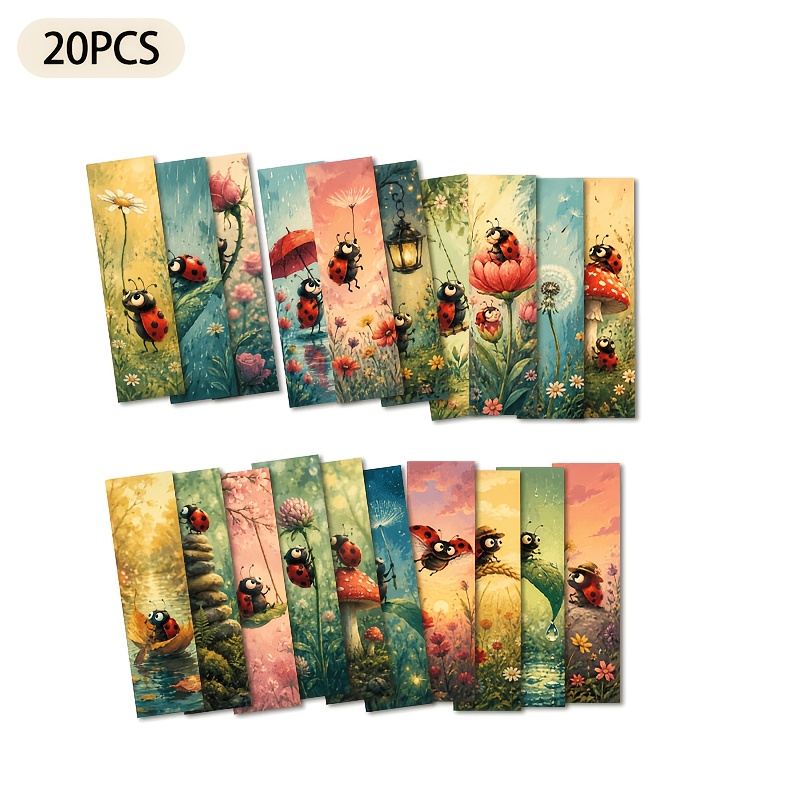 TEMU 20pcs Forest Watercolor Illustration Style Ladybug And Flower Pattern Printed Paper Bookmarks, 1.6in X 5.9in Back-to- Page Separators, Suitable