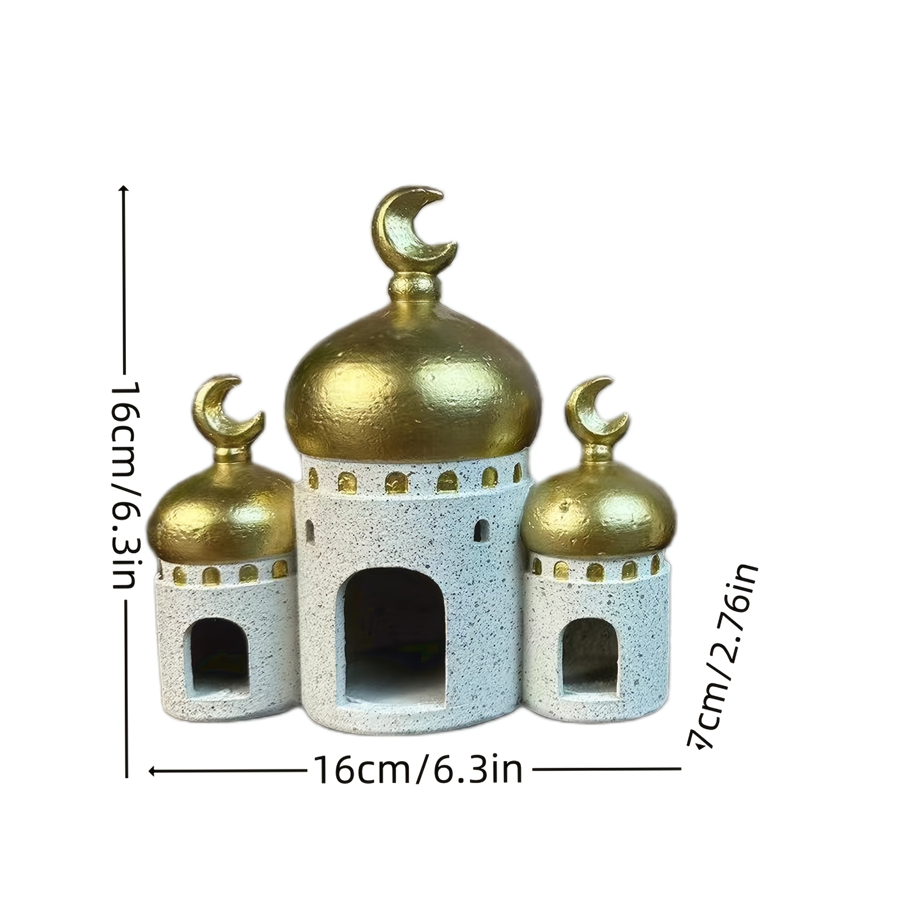 A Decorative Piece Featuring a Golden Roof And White Walls, Resembling an Islamic. This Arab-Style Architectural Ornament Is Perfect for Indoor Decor, Especially During Ramadan, Eid Al-Adha