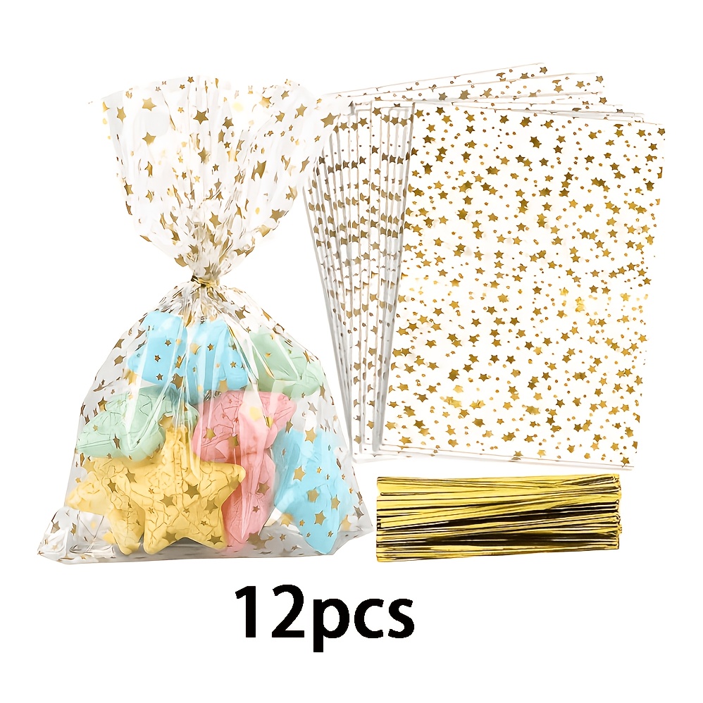 TEMU Lot de 12 avec attaches - Sacs en cellophane transparent 26,92x12,7cm, couleurs aléatoires, motif étoiles multicolores, fermeture à , convient