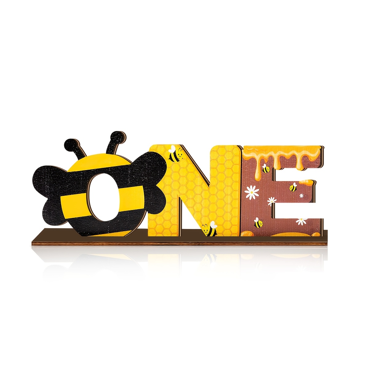 Image of 2d Flat - [open Stock] 1 Set 2d Bee-themed "one" Letter Wooden Desktop Art Figurine Ornaments, Yellow And Black Striped Bee-shaped "o" Letter, Honeycomb Texture And Honey Dropping Pattern Decoration