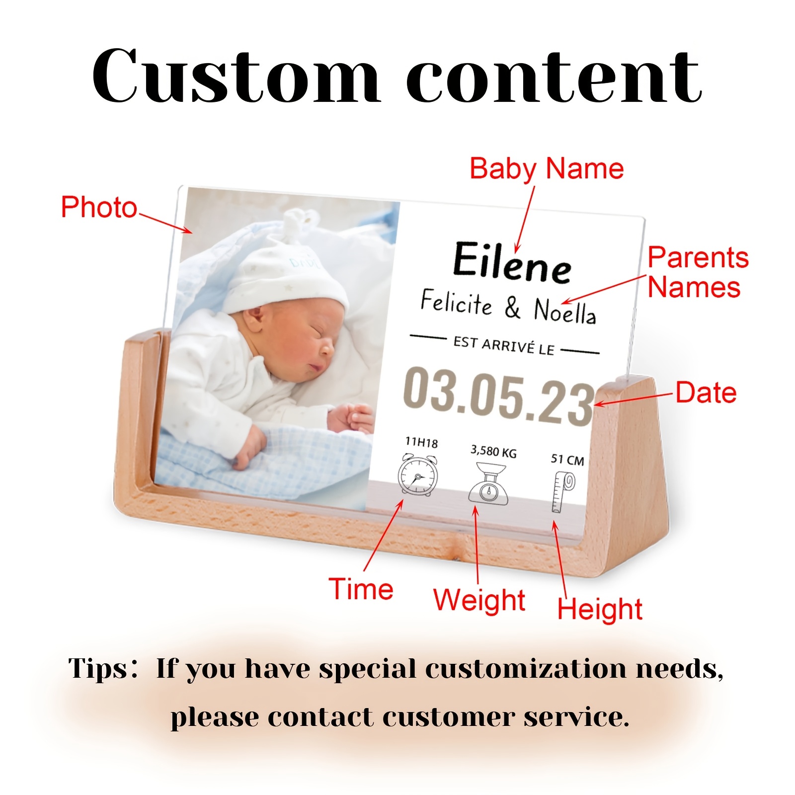 1pc personalized birth photo frame customizable acrylic uv print birth announcement keepsake matte black stand display for nursery decor details 0