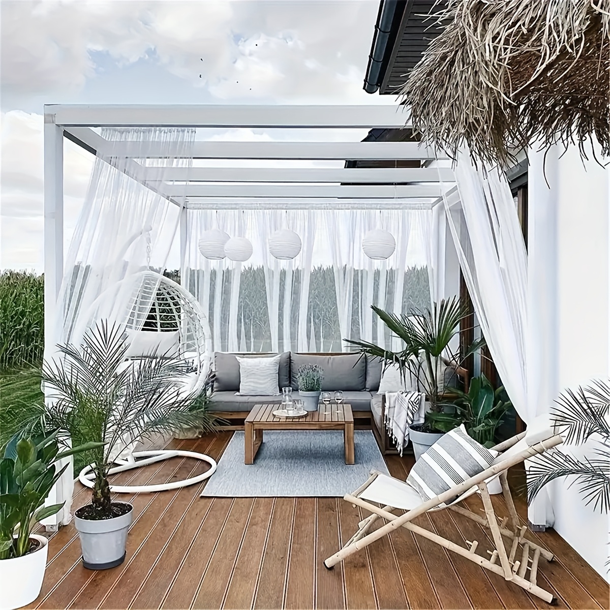 TEMU 1 Style Outdoor Sheer Curtain - Knitted Polyester Anti-mosquito Netting Rod , Transparent, Breathable, Unlined - Decorative Weave, Suitable For