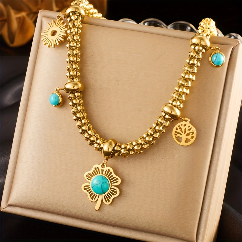 

Bohemian Stainless Steel Necklace With Golden Thick Chain & Flower Pendant - Fashionable Punk Jewelry For All