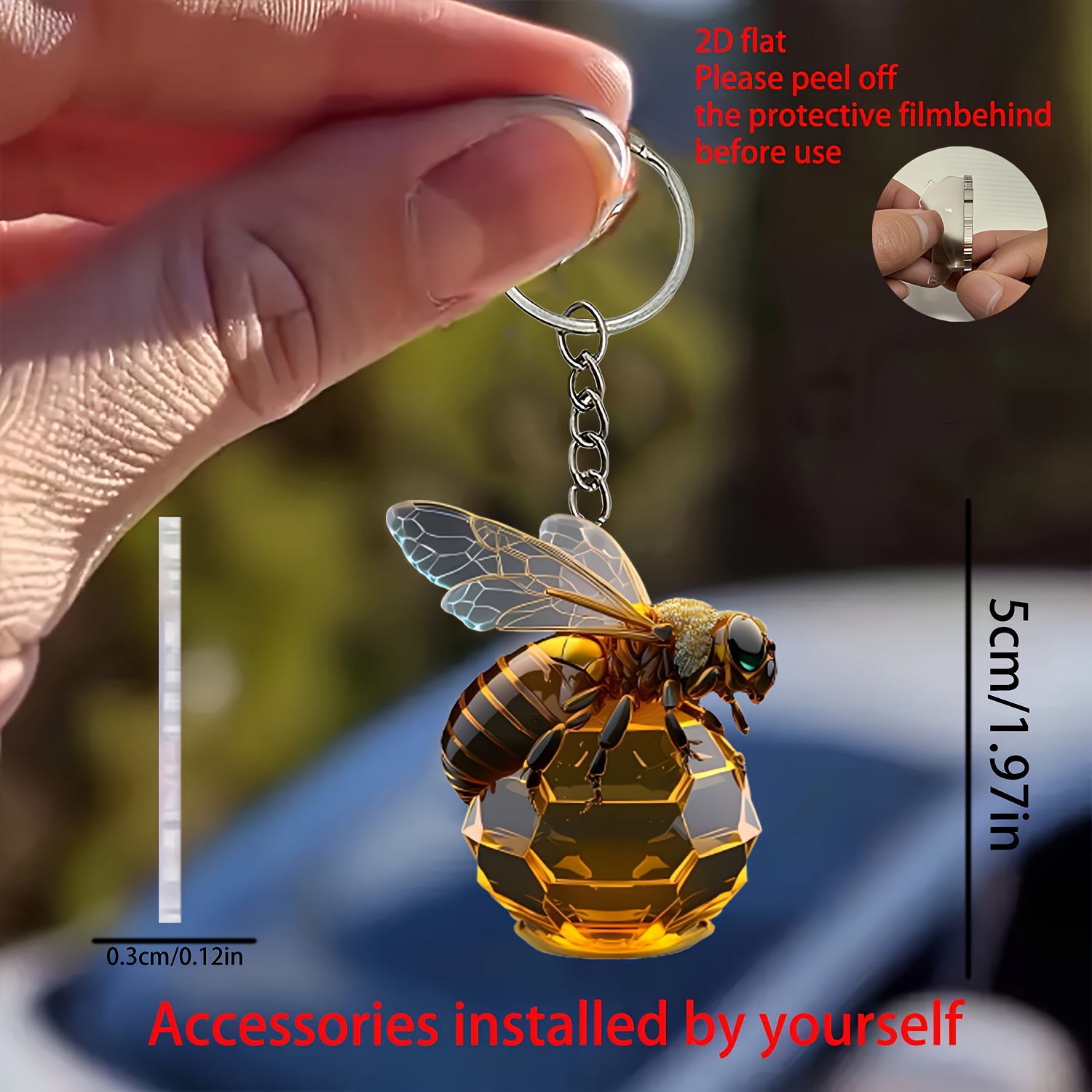 TEMU 2d , Acrylic Bee Keychain With An Elegant Hexagonal Honeycomb Design With An Iron Chain, Featuring A Protective Film For Car Mirror Decoration