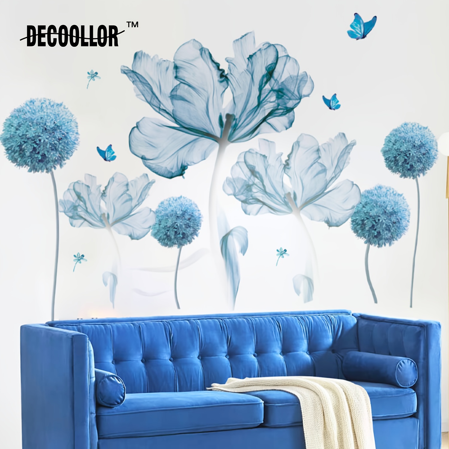 Image of 3 Large Blue Poppy Veil Plant Vinyl Wall Sticker For Living Room, Bedroom, Bathroom, Headboard, Sofa, Home Ambiance Decoration, Garden Theme Party Summer Gift Decoration