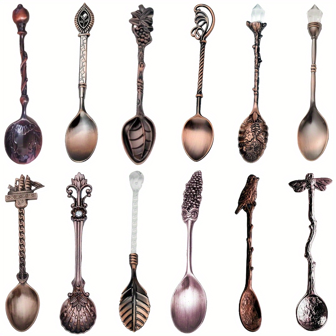 12-Piece Vintage Luxury Spoon Set, Noble Metal Coffee Spoons, Creative Dessert Cake Spoons for Kitchen, Hotel, Tea, Fruit, Soup, Seasoning - Elegant Specialty Spoons for Royal Dining Experience