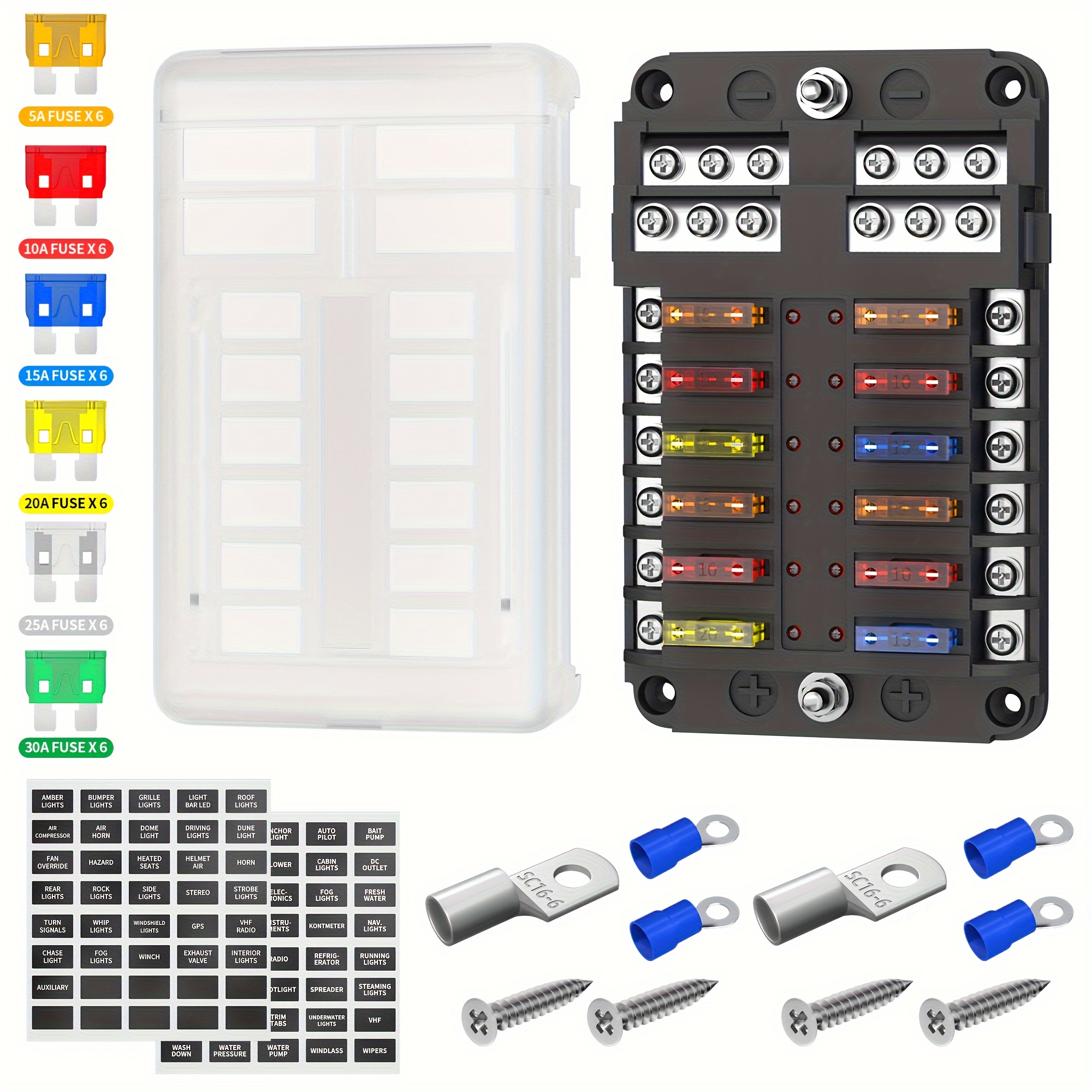 

12-way Blade Ato/atc Fuse Block With Led Indicator And Negative Bus Fuse Box Holder With Waterproof Cover 36pcs Terminals For Automotive Boat Car Rv