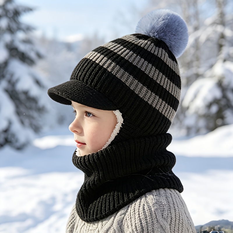 Image of 1 ' Winter Warm Hat With Pom Pom Decoration, Balaclava Style, -lined Ear Protection Hat, Suitable For Skiing, New Year Gift, For Ages 3-7