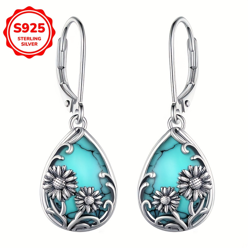 

1 Pair Women's Dangle Earrings, S925 Silver Sunflower Design With Turquoise , Drop Style, Hypoallergenic, 3.5g, Vintage & Rustic Style, , 925 Silver, Ideal For & Gift , Accessory