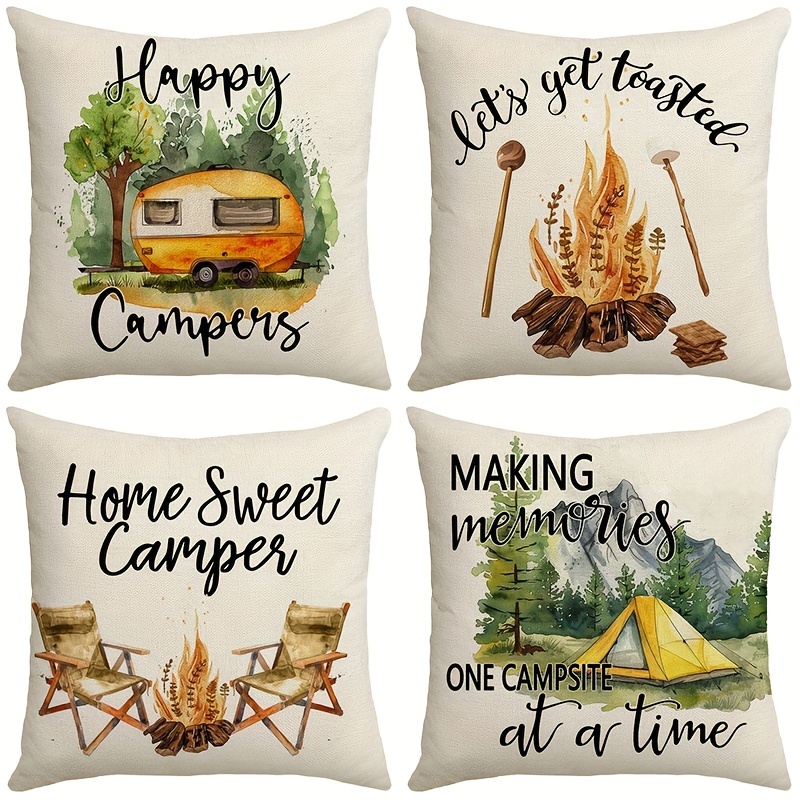 TEMU 4pcs, Throw Pillow Covers Camp With Mountain Campfire And Forest Camping Adventure Vintage Decorative Pillow Cases Home Decor Square Pillowcases