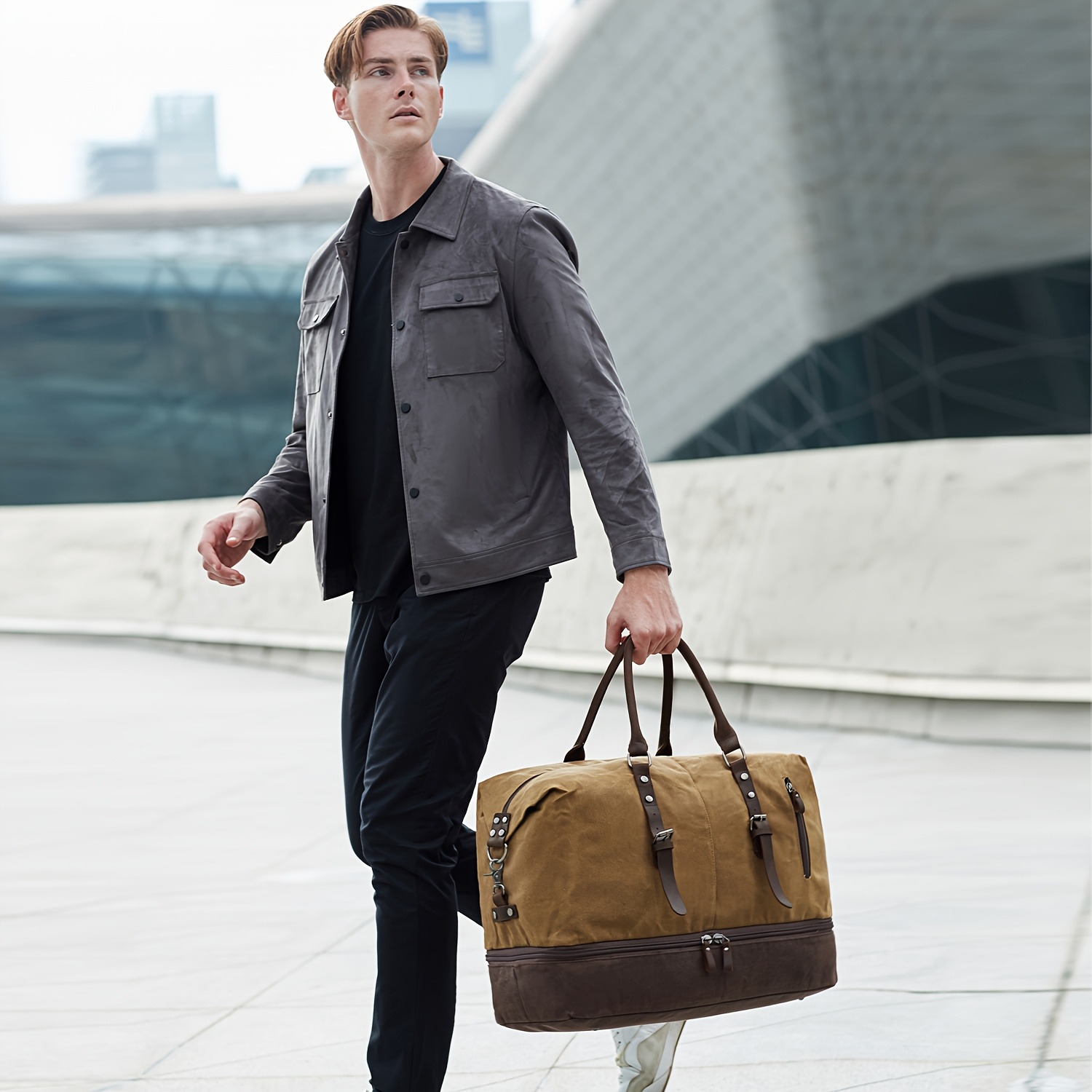 Large-Capacity Travel Bag Made of Oil Wax Canvas, Large Travel Bag, Overnight Travel Bag, Women'S Portable Bag with Shoe Compartment, Men'S Travel Bag