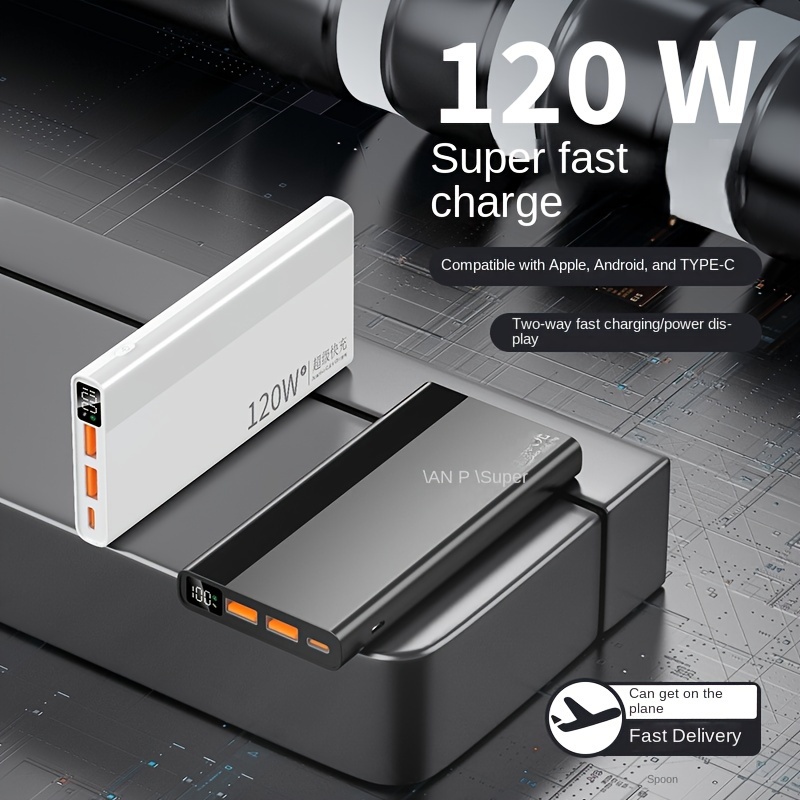 

120w Super Fast Charge Portable Power Bank: 10000mah Capacity, Compatible With All Smartphones, Usb-c And Type-c Connectors, 36v Or Below Voltage, And Rechargeable Polymer Lithium Battery