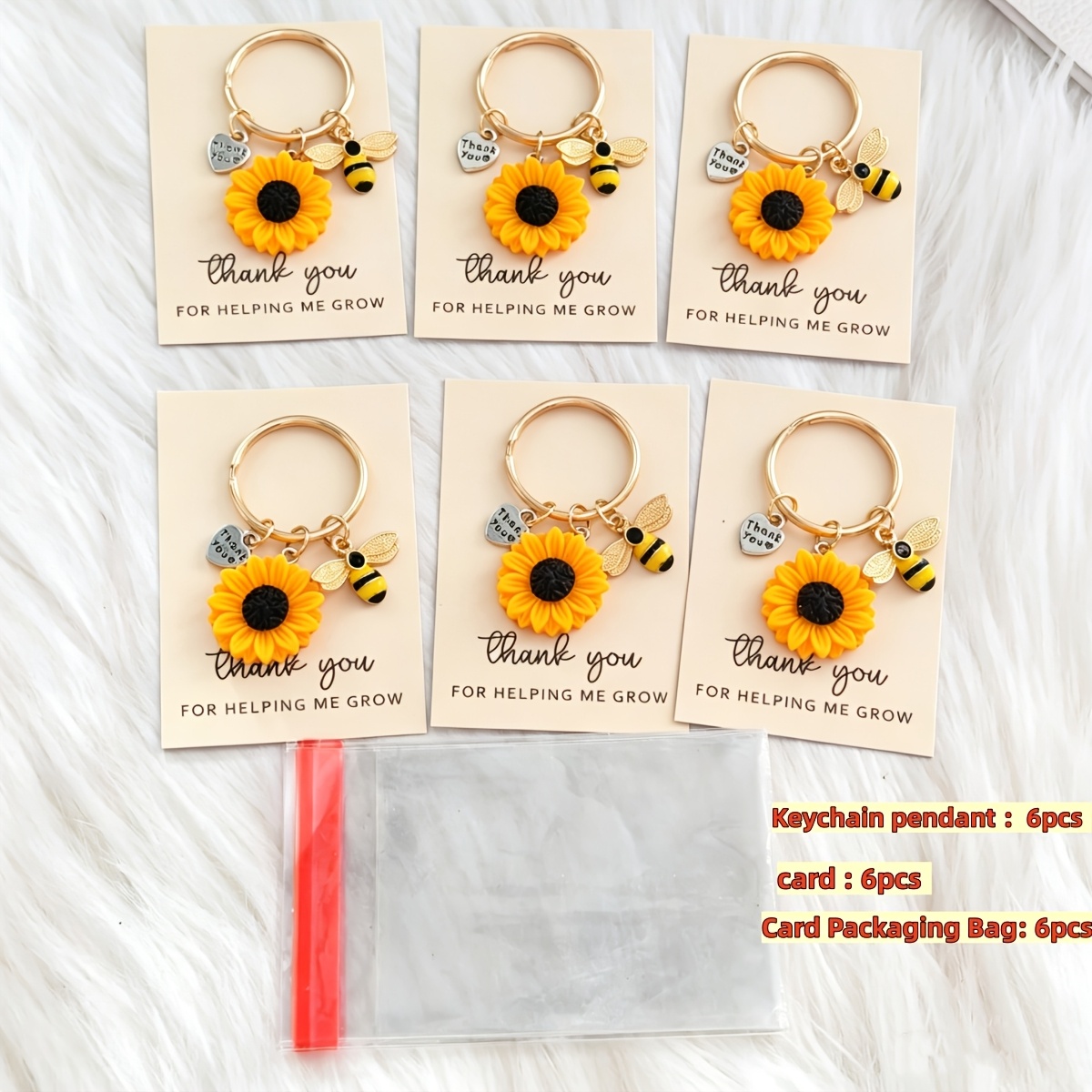 TEMU Gift For Her/him 18pcs Sunflower And Bee Keychain Set, Includes 6 Key Rings + 6 Cards + 6 Card Packaging Bags. The Cards Are Printed With The