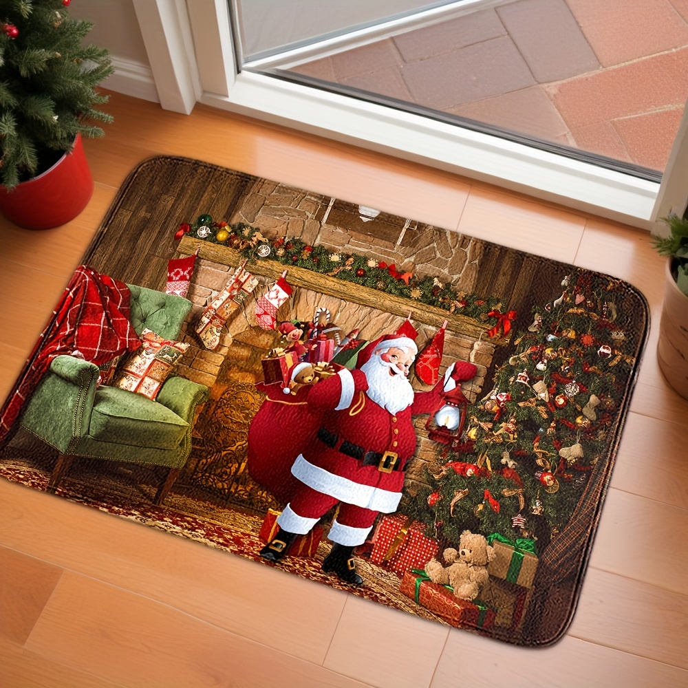 

Christmas Santa Claus Printed Doormat - Polyester Absorbent Non-slip Stain Resistant Floor Mat, Machine Washable, Knitted, Lightweight, For Home Bedroom/living Room/kitchen, Festive Holiday Decor