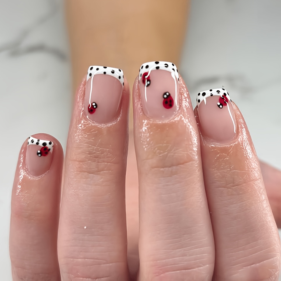 TEMU 24pcs Cute Ladybug Polka Dot French Short Press-on Nails, Nude Polka Dot Fake Nails, Sweet Removable Reusable Nail Stickers, Ins Influencer Same