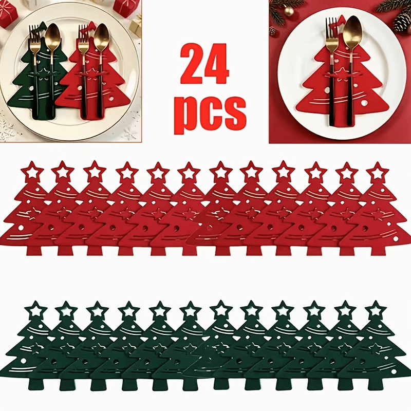 TEMU 24pcs Set/christmas Tree Cutlery Holder, Felt Christmas Tree Fork Pouch, Embellished With Hollow-out Five-pointed Stars, Holiday Party Table