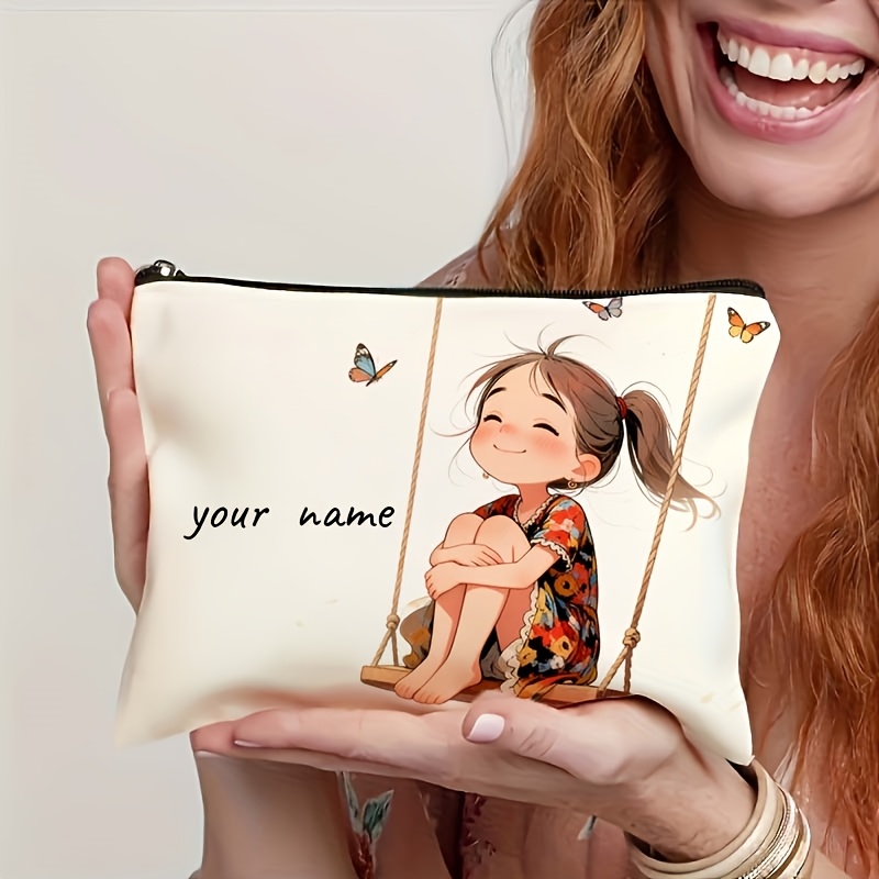 TEMU Customized Name/message - Vintage Cute Little Swinging Pattern Makeup Bag - Tote Bag - Toiletry Bag - Pencil Case - Gift Bag, The For Mothers,