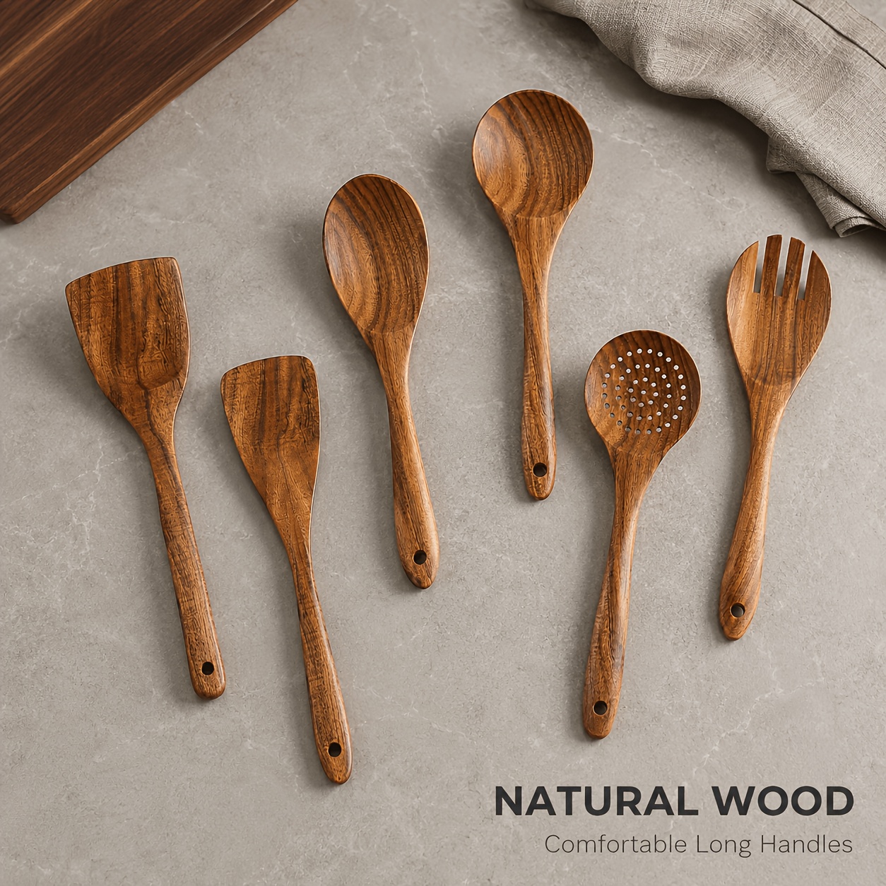TEMU 6pcs Premium Wooden Kitchen Utensil Set - Cookware Set, Ergonomic Handle, Natural Wooden Spoon, Spoon, Spoon And Nonstick Spoon, Heat-resistant,
