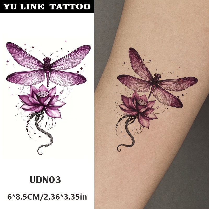 TEMU 1pc Pink Purple Dragonfly Lotus Tattoo Sticker, Watercolor Shading Art For Delicate Atmosphere, Detailed Wing Texture And Soft Pink Gradient,