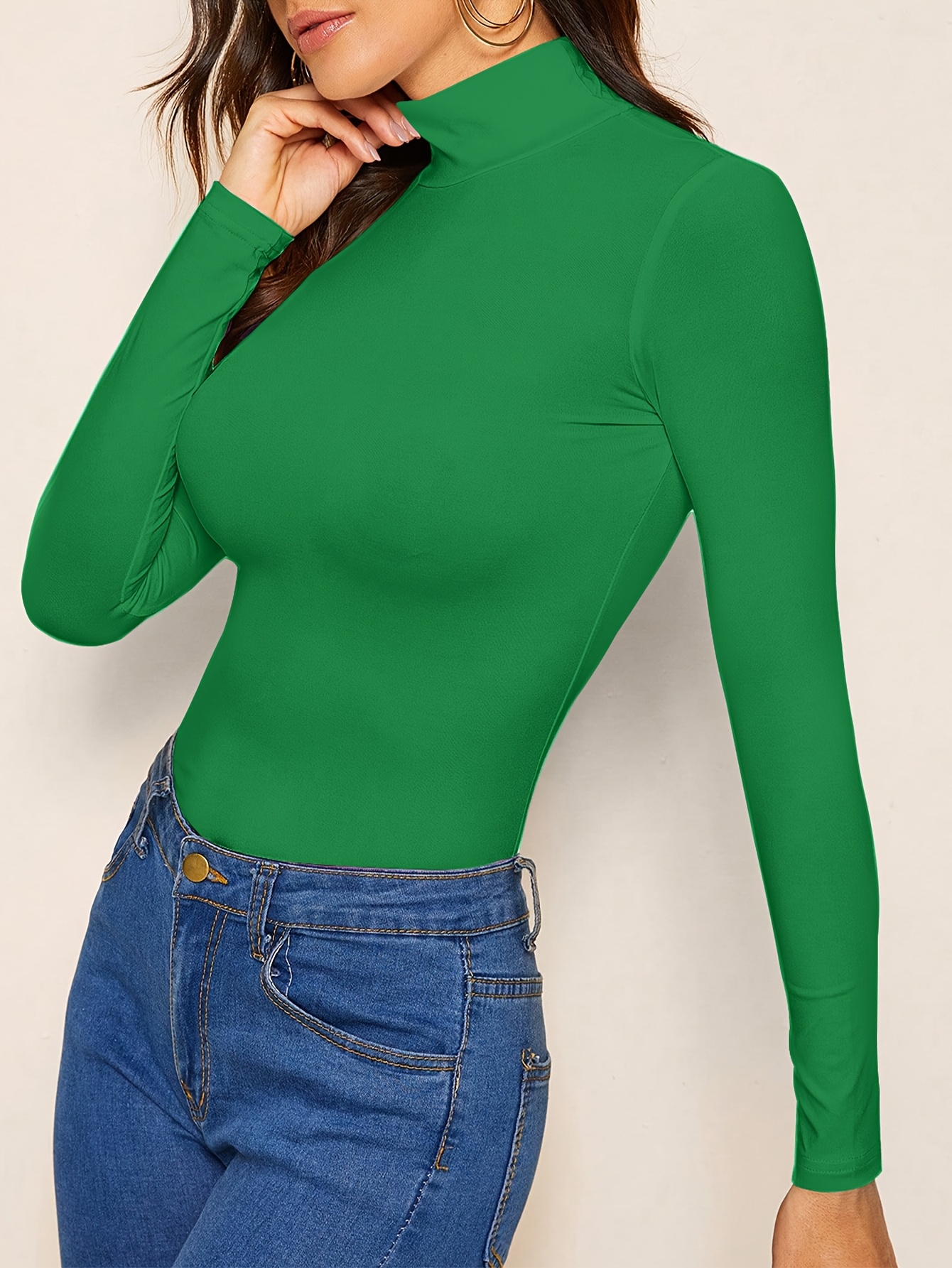 Solid Color Mock Neck T-Shirt, Versatile Long Sleeve T-Shirt For Spring & Fall, Women's Clothing