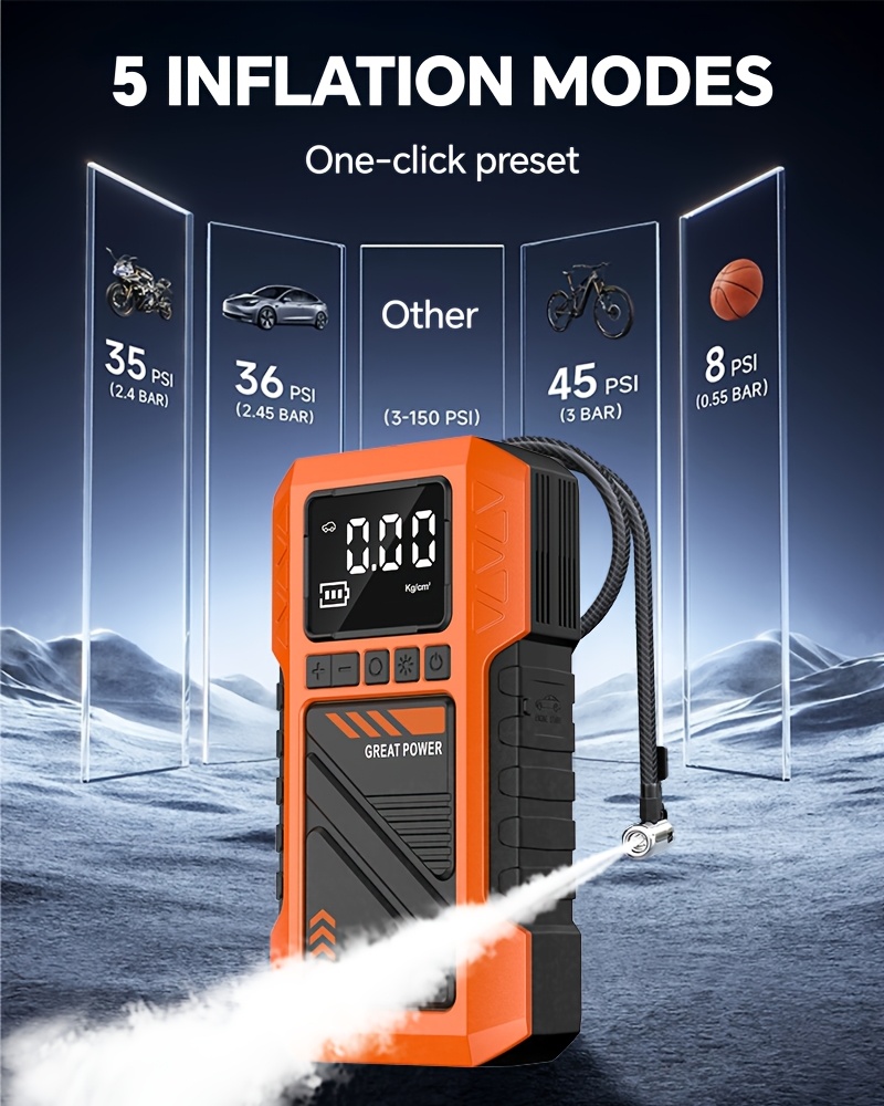 Upgraded 10-In-1 Multifunctional Portable Air Compressor, Equipped with 180 PSI Air Pump, Heavy-Duty Car Emergency Jump Start Kit, Emergency Starter Box for 5.0L Gasoline/101.44Oz Diesel, Portable Tire Inflator, 8000A Peak, 3 Modes Lighting