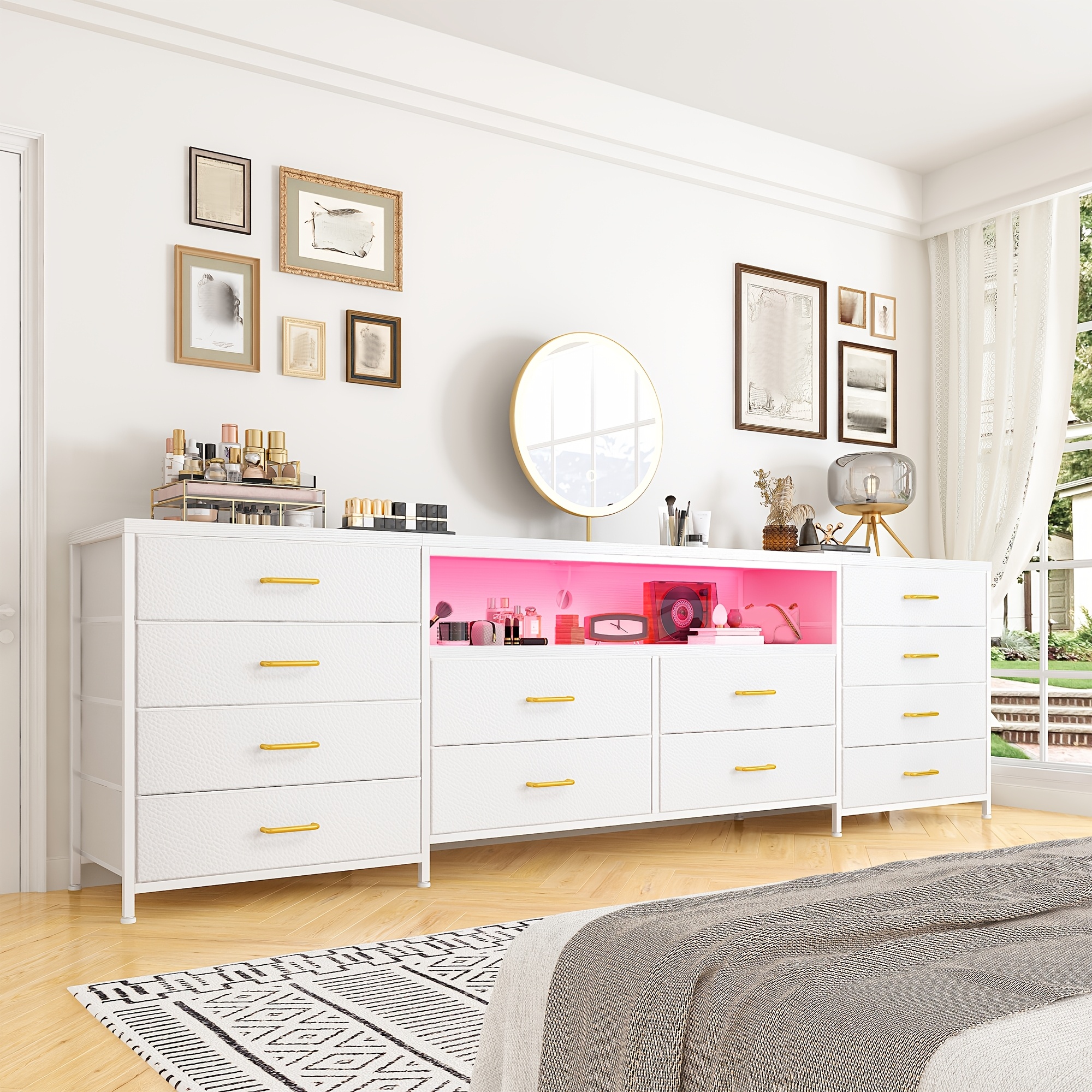 TEMU 12pcs Office Storage File Cabinet Dresser With Led Lights & Power Outlets, Fabric Chest Of 12 Drawers, Large Capacity For Documents, Books, For