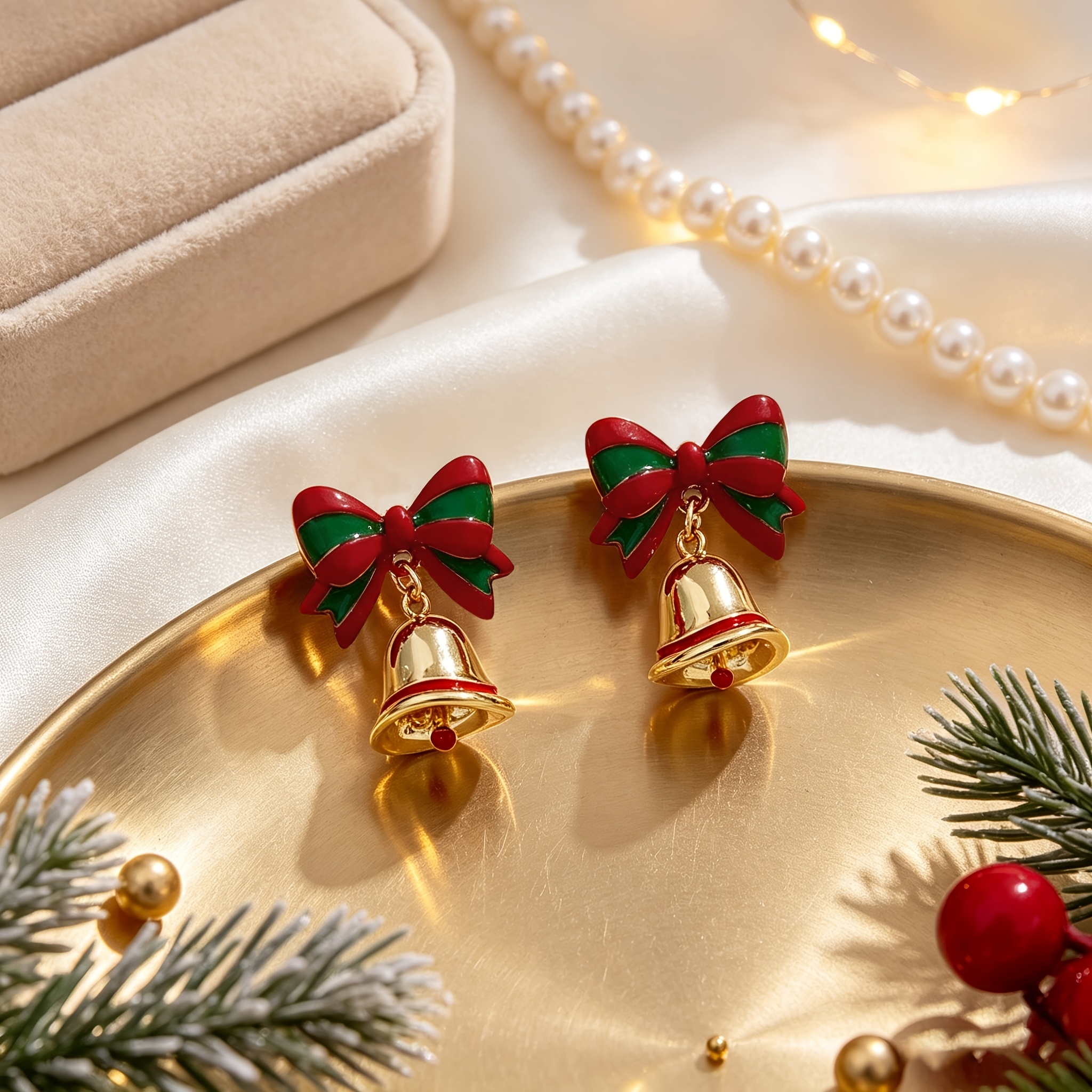 TEMU 1 Pair Of New Stylish And Elegant Christmas Gift Holiday Atmosphere Bow And Bell Earrings
