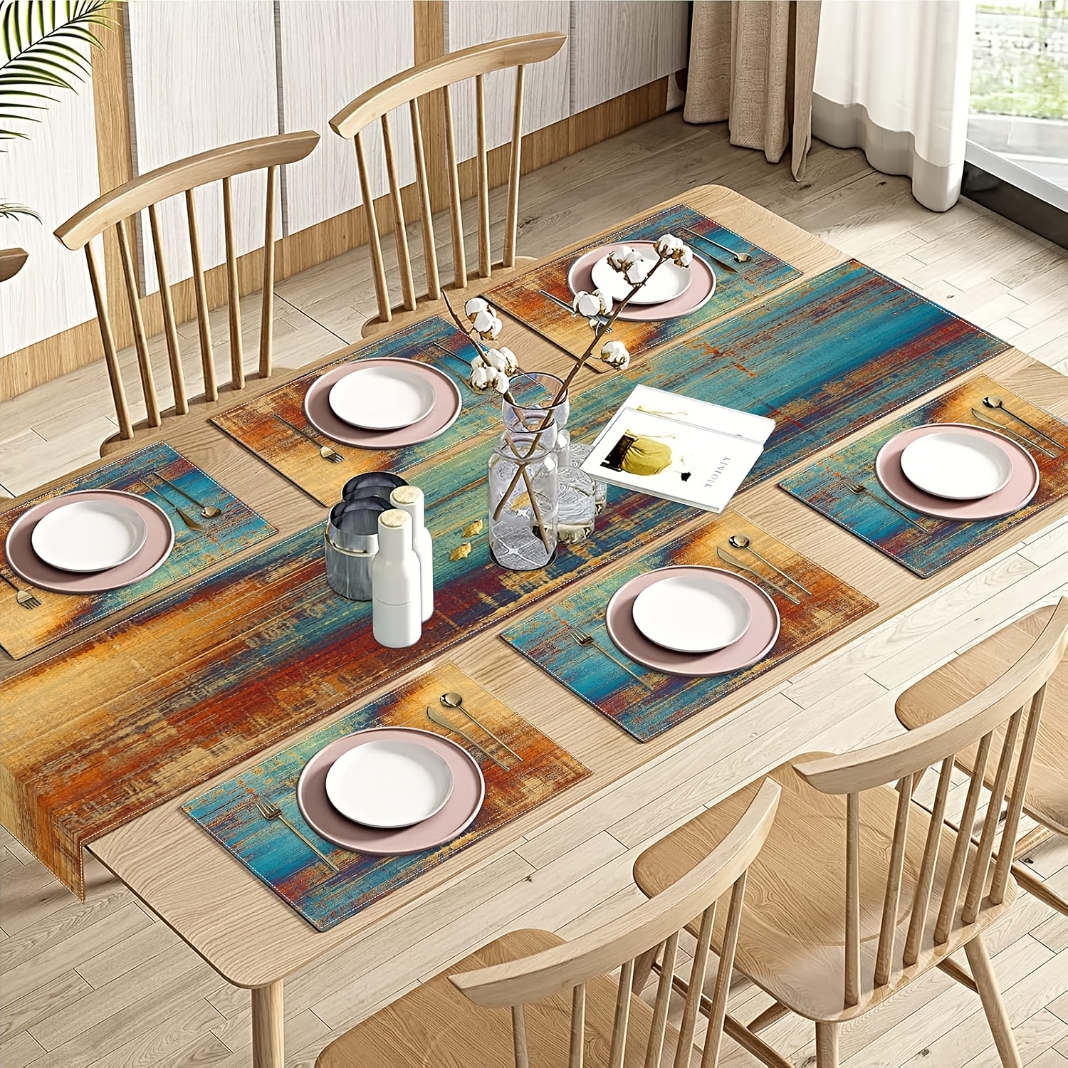 

A Set Of Blue And Orange Tablecloths And Placemats, Featuring Vintage Abstract Messy Rust Art For Table Decoration, Suitable For Use.